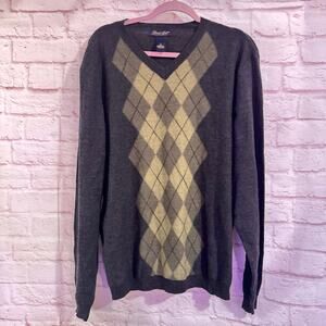 Garrett Scott Gorgeous Gray with Green Argyle sweater Merino wool sz XL #wool